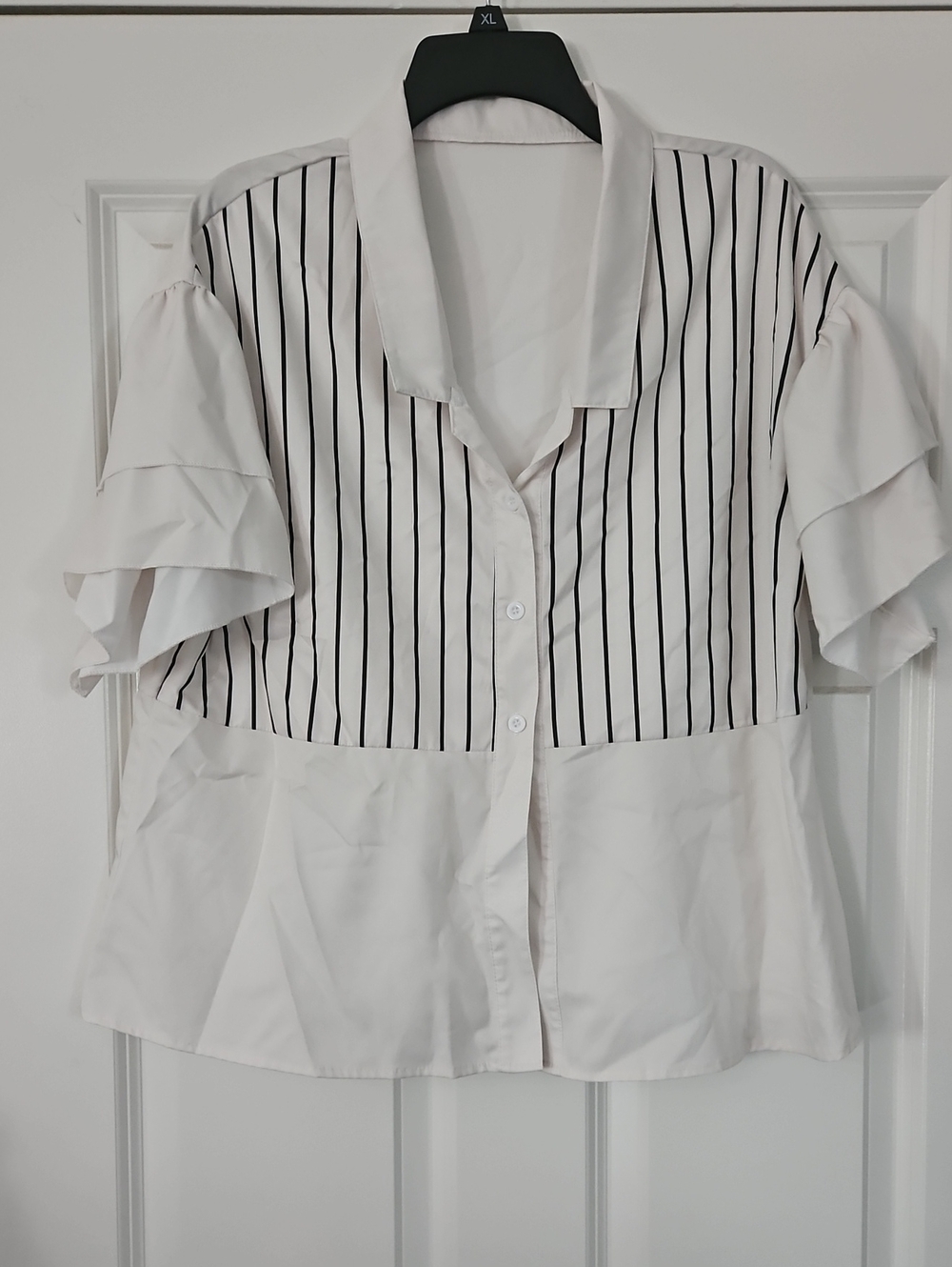 Striped White and Black Ruffle Sleeve Button-Up Top